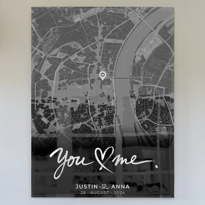 Acrylglas Bild Personalisiert Paare Stadtkarte Schwarz You & Me