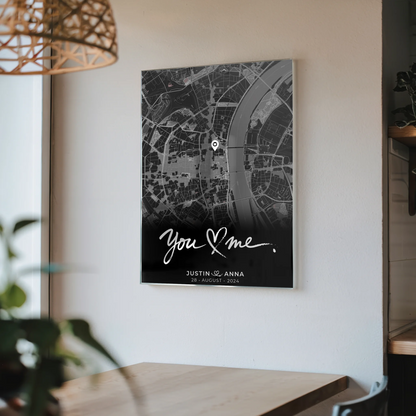 Acrylglas Bild Personalisiert Paare Stadtkarte Schwarz You & Me
