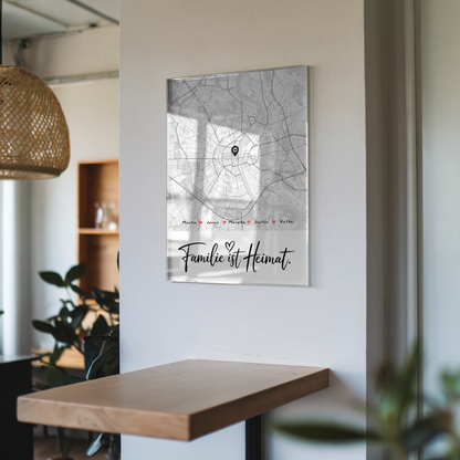 Acrylglas Bild Familie personalisiert Stadtkarte Familie Ist Heimat mit Nachname
