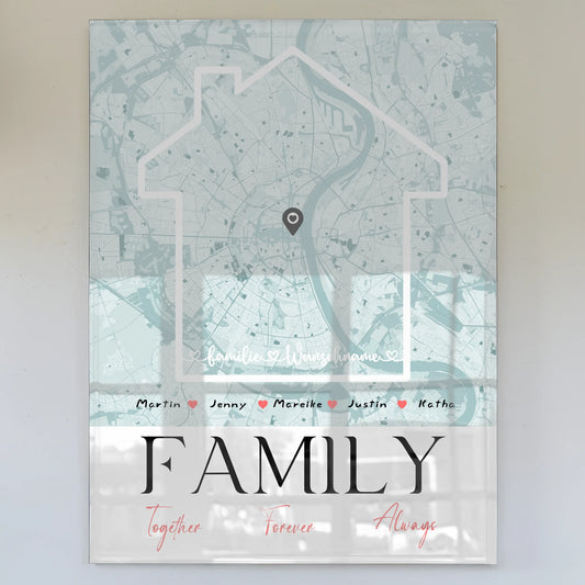 Acrylglas Bild Familie personalisiert Stadtkarte Family Together mit Nachname