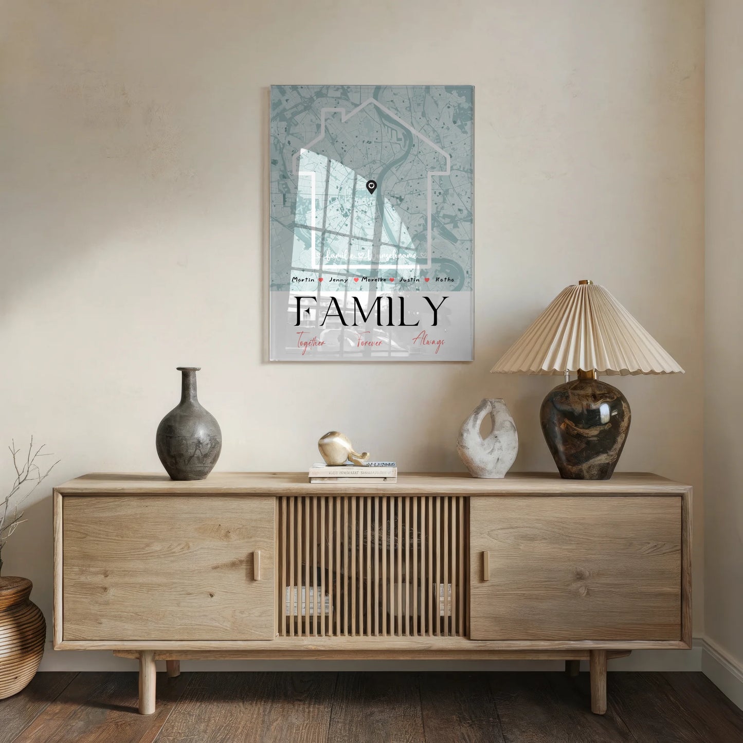 Acrylglas Bild Familie personalisiert Stadtkarte Family Together mit Nachname