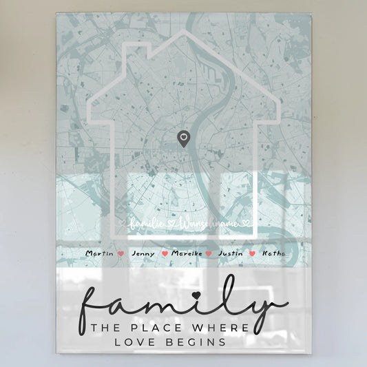 Acrylglas Bild Familie personalisiert Stadtkarte Where The Love Begins