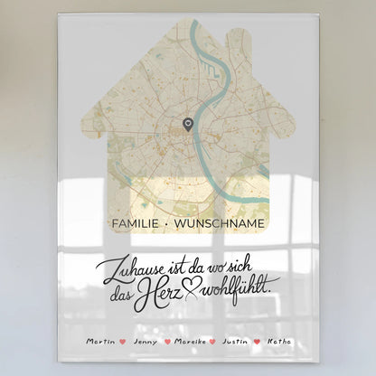 Acrylglas Bild Familie personalisiert Stadtkarte Das Herz Wohlfühlt Hausform mit Nachname