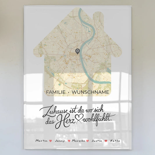 Acrylglas Bild Familie personalisiert Stadtkarte Das Herz Wohlfühlt Hausform mit Nachname
