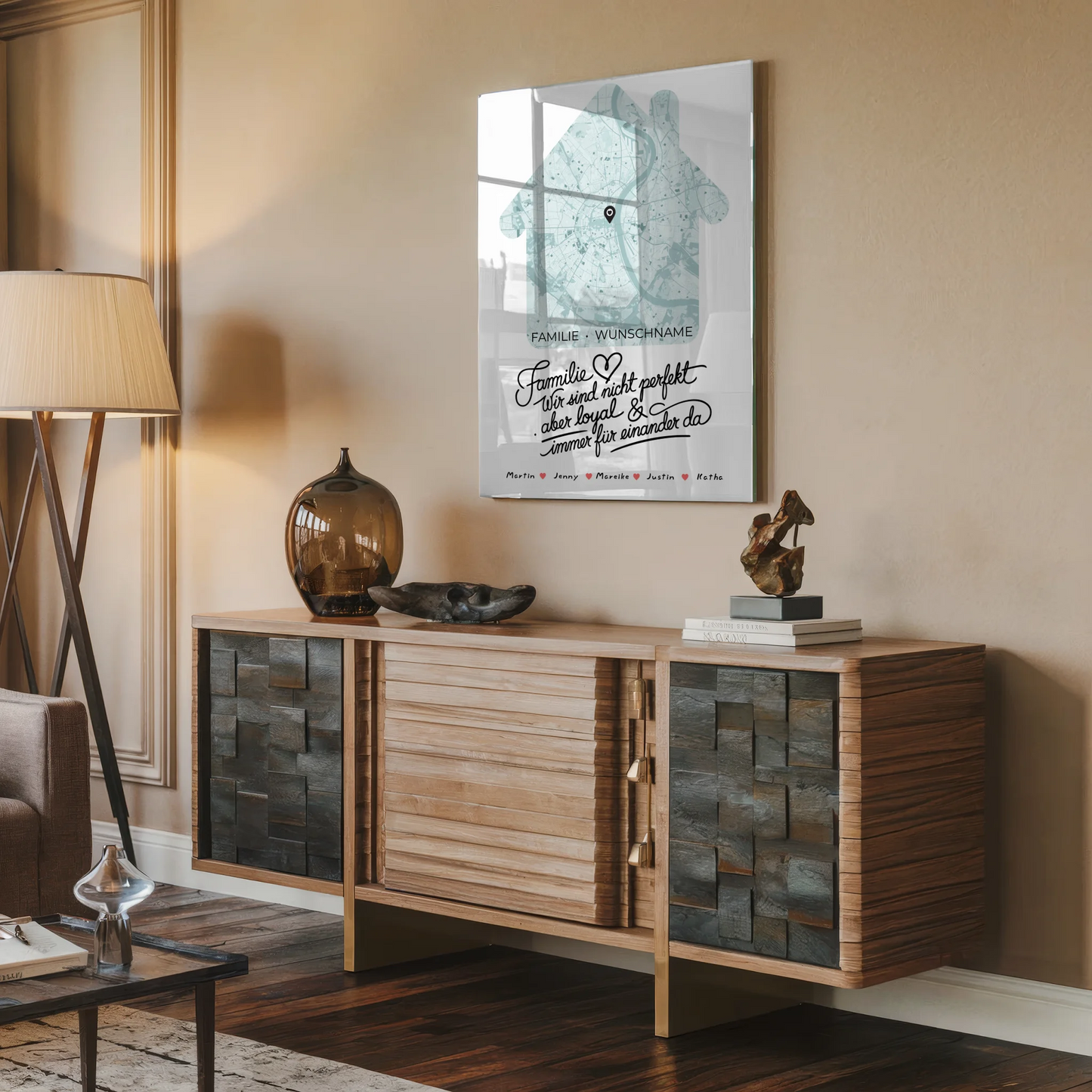 Acrylglas Bild Spruch Familie personalisiert Stadtkarte Hausform mit Nachname