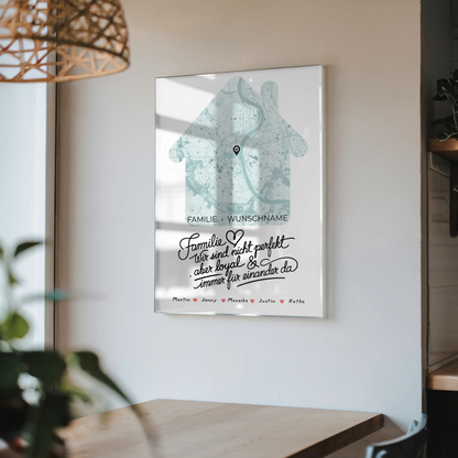 Acrylglas Bild Spruch Familie personalisiert Stadtkarte Hausform mit Nachname