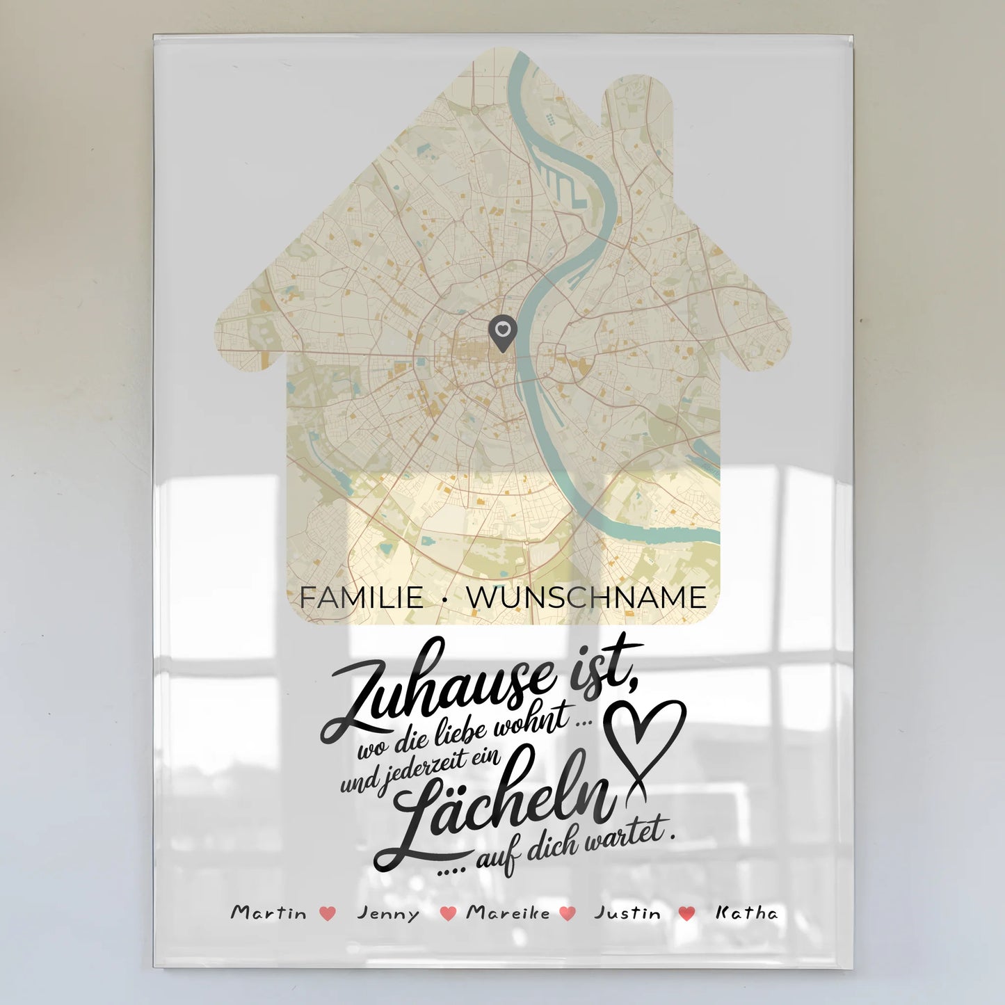 Personalisiertes Acrylglas Bild Spruch Familie Stadtkarte Wo die Liebe Wohnt Hausform mit Nachname