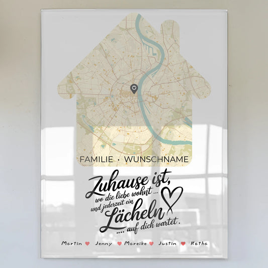 Personalisiertes Acrylglas Bild Spruch Familie Stadtkarte Wo die Liebe Wohnt Hausform mit Nachname