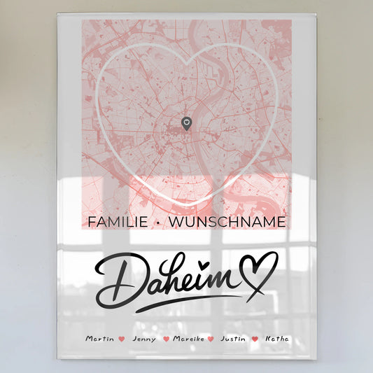 Personalisiertes Familien Acrylglas Bild Stadtkarte Daheim Herzform
