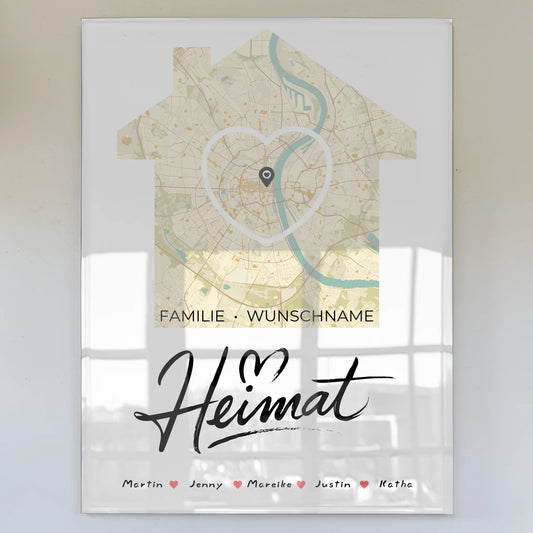 Personalisiertes Acrylglas Bild Stadtkarte Heimat Familien Herz Haus mit Nachname