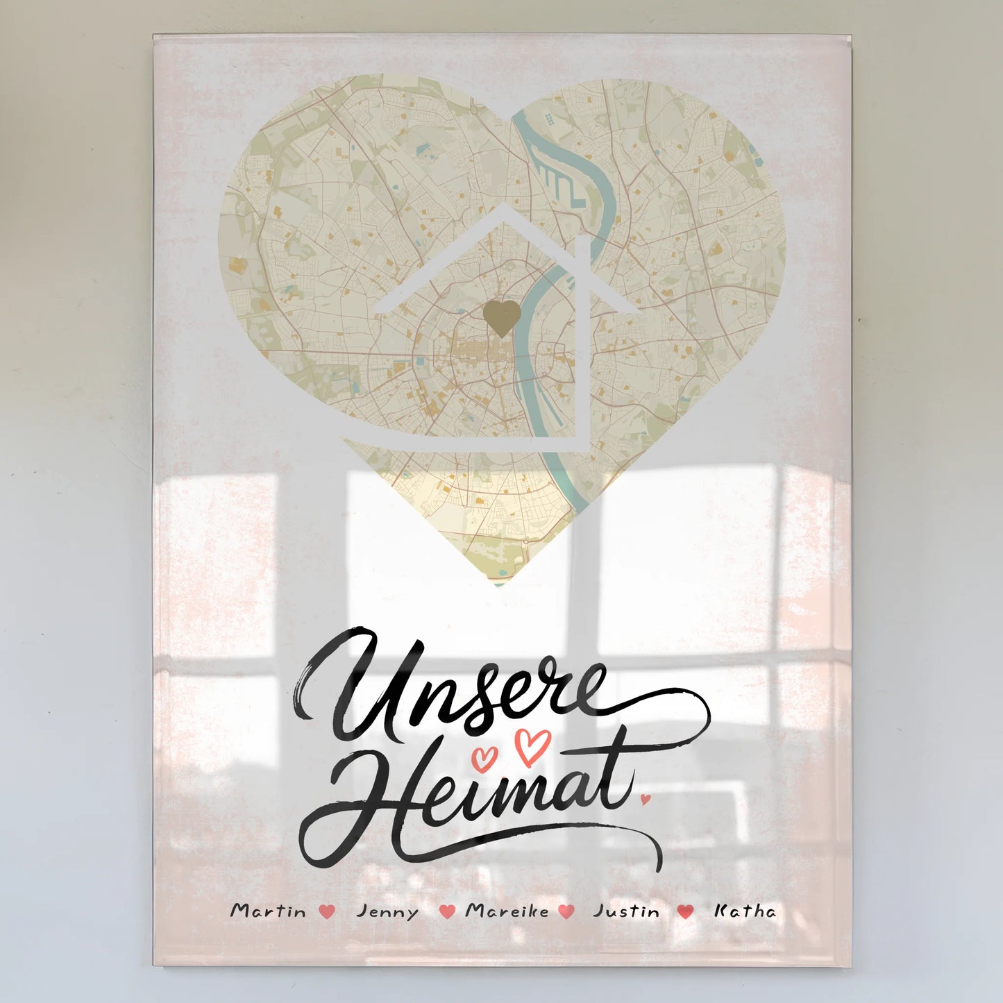 Personalisiertes Stadtkarte als Acrylglas Bild Unsere Heimat Familien Herz Form mit Nachname