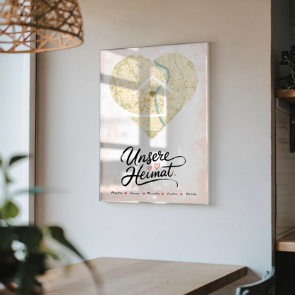 Personalisiertes Stadtkarte als Acrylglas Bild Unsere Heimat Familien Herz Form mit Nachname