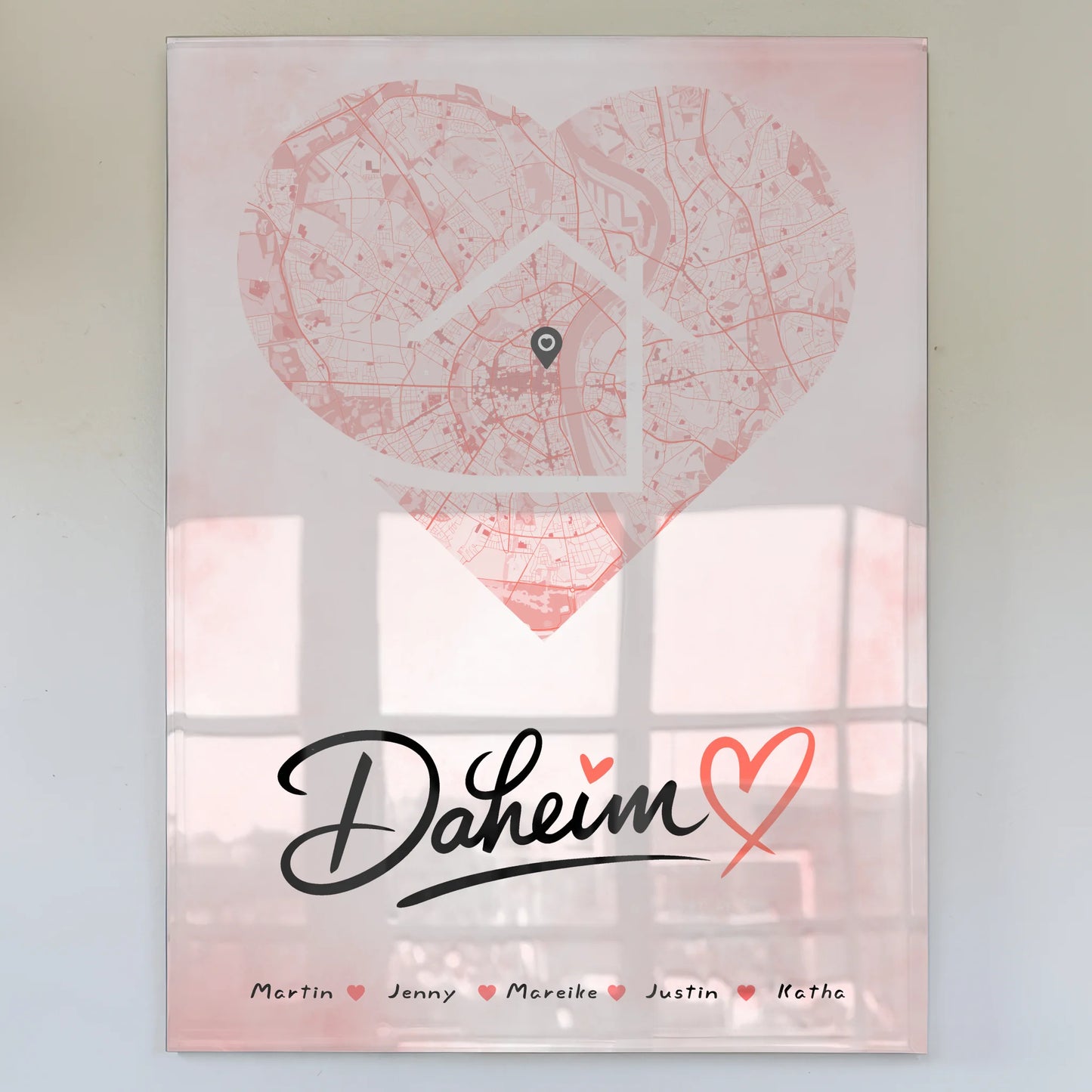 Personalisiertes Acrylglas Bild Familie Stadtkarte Daheim Herz Form