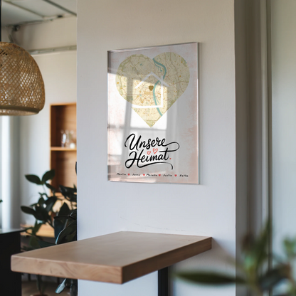 Personalisiertes Stadtkarte als Acrylglas Bild Unsere Heimat Familien Herz Form mit Nachname