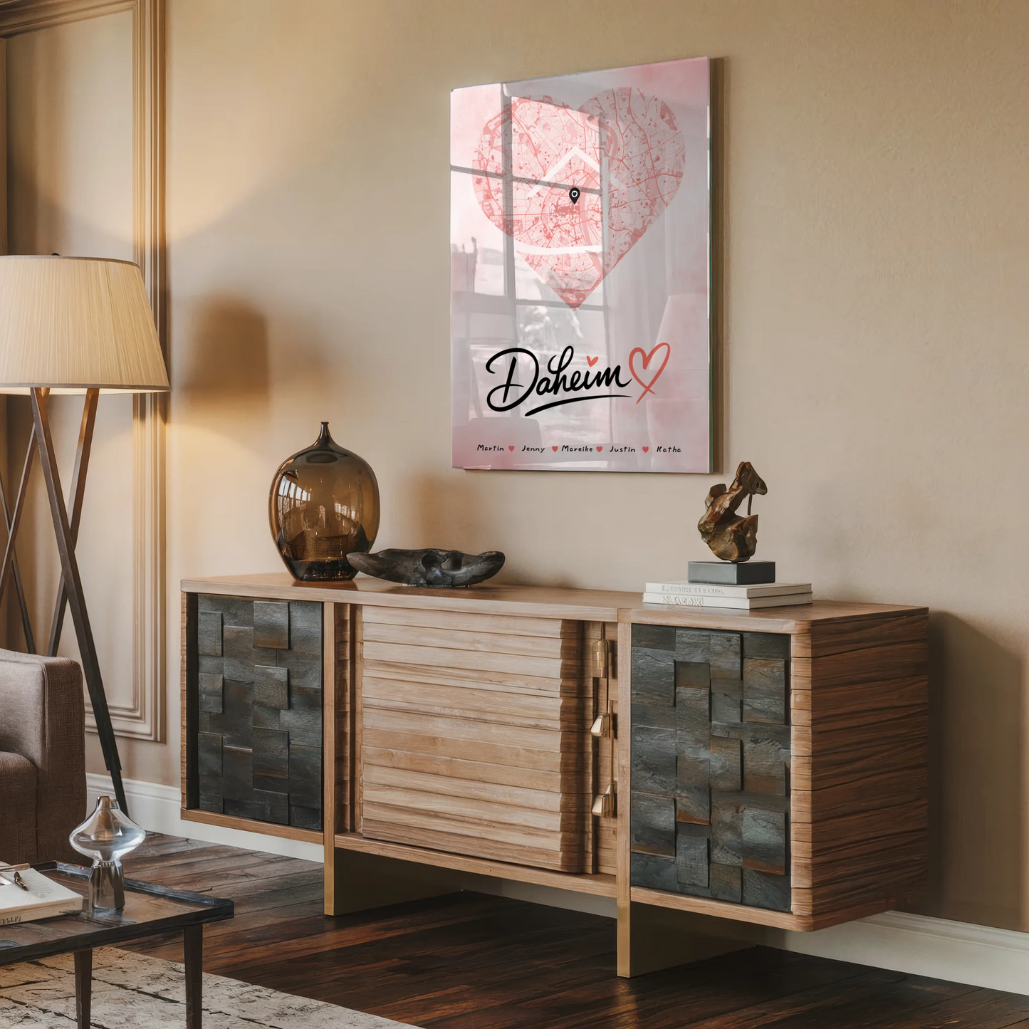 Personalisiertes Acrylglas Bild Familie Stadtkarte Daheim Herz Form