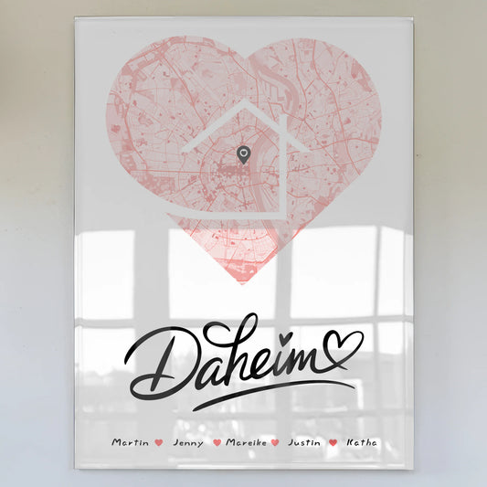Acrylglas Bild Spruch Familie personalisiert Stadtkarte Daheim Herz Form