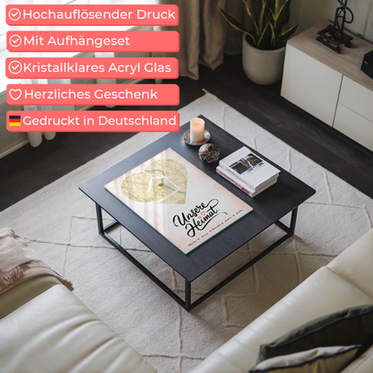 Personalisiertes Stadtkarte als Acrylglas Bild Unsere Heimat Familien Herz Form mit Nachname
