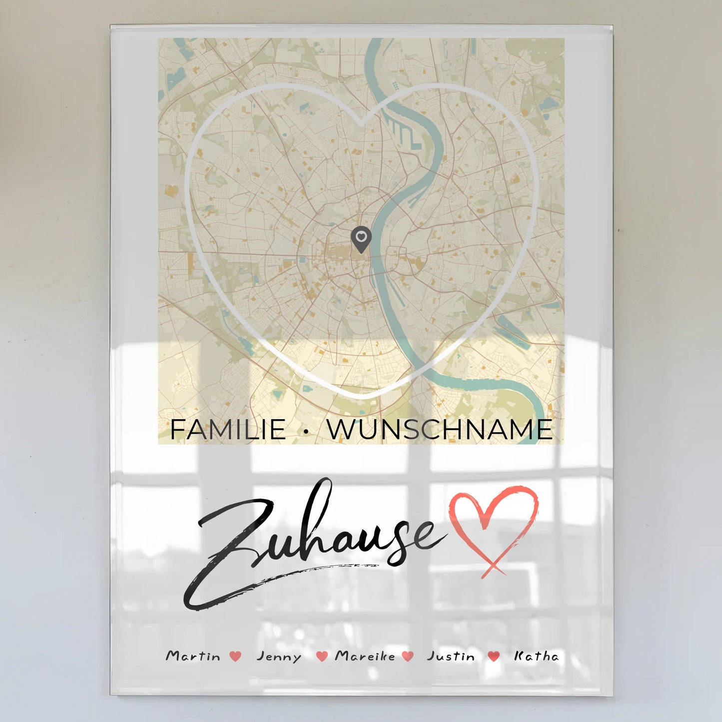 Acrylglas Bild Spruch Familie personalisiert Stadtkarte Zuhause Herzform