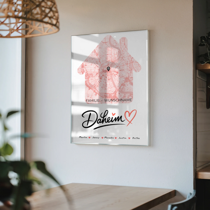 Personalisiertes Acrylglas Bild Familie Stadtkarte Daheim mit Nachname