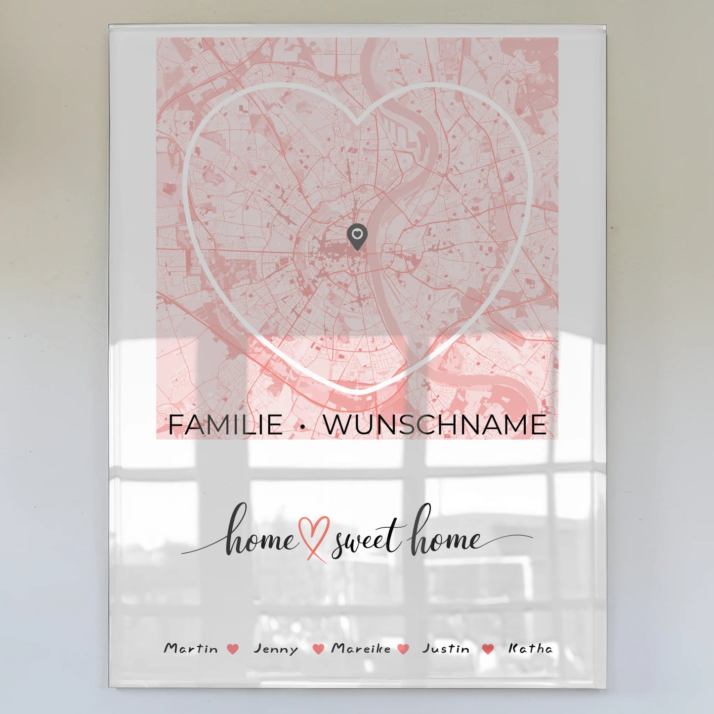 Personalisiertes Acrylglas Bild Familien Stadtkarte Home Sweet Home Herzform mit Nachname