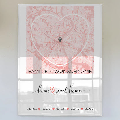 Personalisiertes Acrylglas Bild Familien Stadtkarte Home Sweet Home Herzform mit Nachname