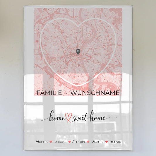 Personalisiertes Acrylglas Bild Familien Stadtkarte Home Sweet Home Herzform mit Nachname