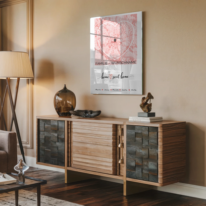 Personalisiertes Acrylglas Bild Familien Stadtkarte Home Sweet Home Herzform mit Nachname