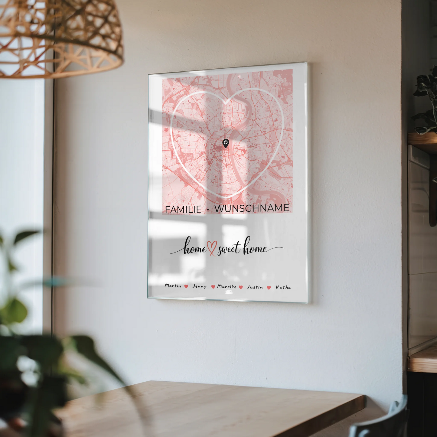 Personalisiertes Acrylglas Bild Familien Stadtkarte Home Sweet Home Herzform mit Nachname