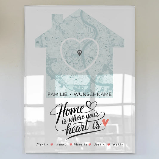 Personalisiertes Acrylglas Bild Spruch Familie Stadtkarte Herz Haus