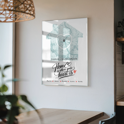 Personalisiertes Acrylglas Bild Spruch Familie Stadtkarte Herz Haus