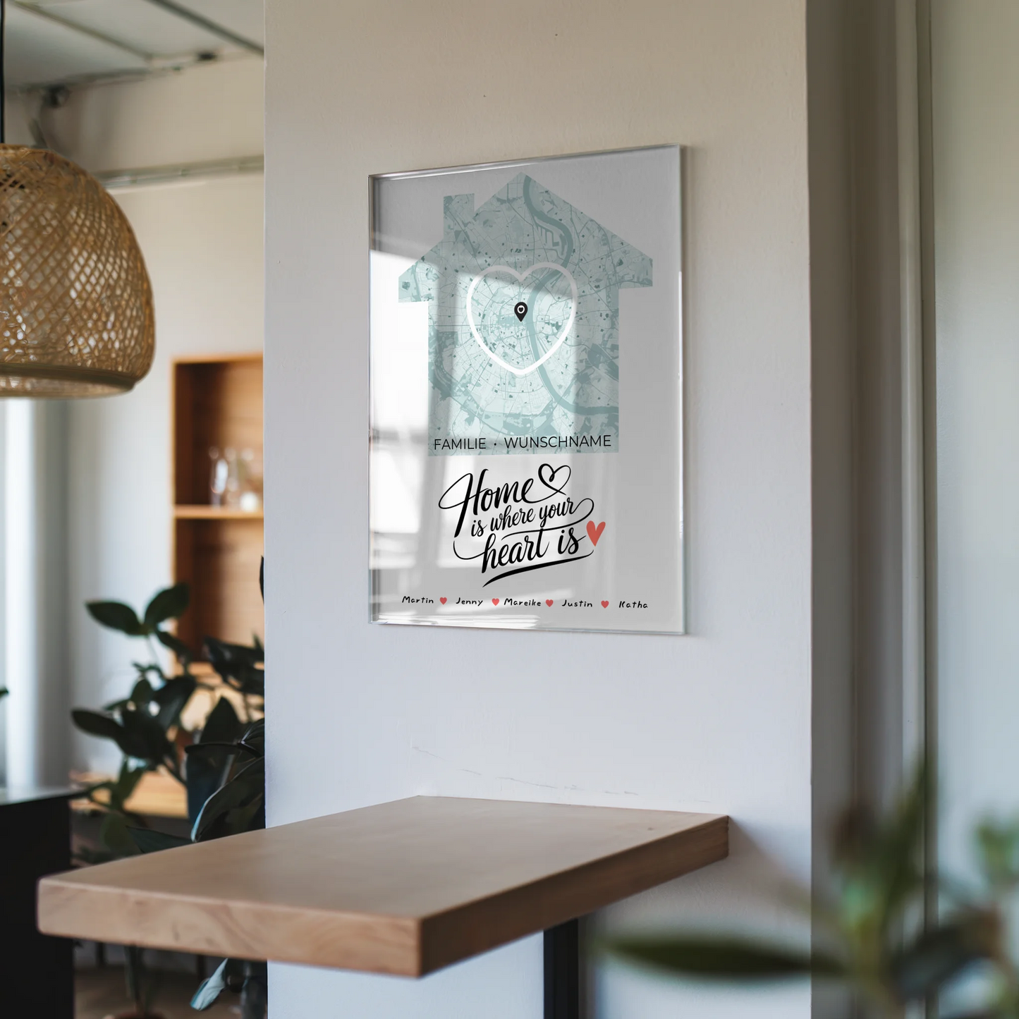 Personalisiertes Acrylglas Bild Spruch Familie Stadtkarte Herz Haus