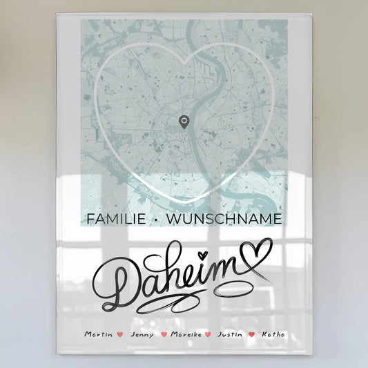 Familien Acrylglas Bild personalisiert Stadtkarte Daheim Herzform