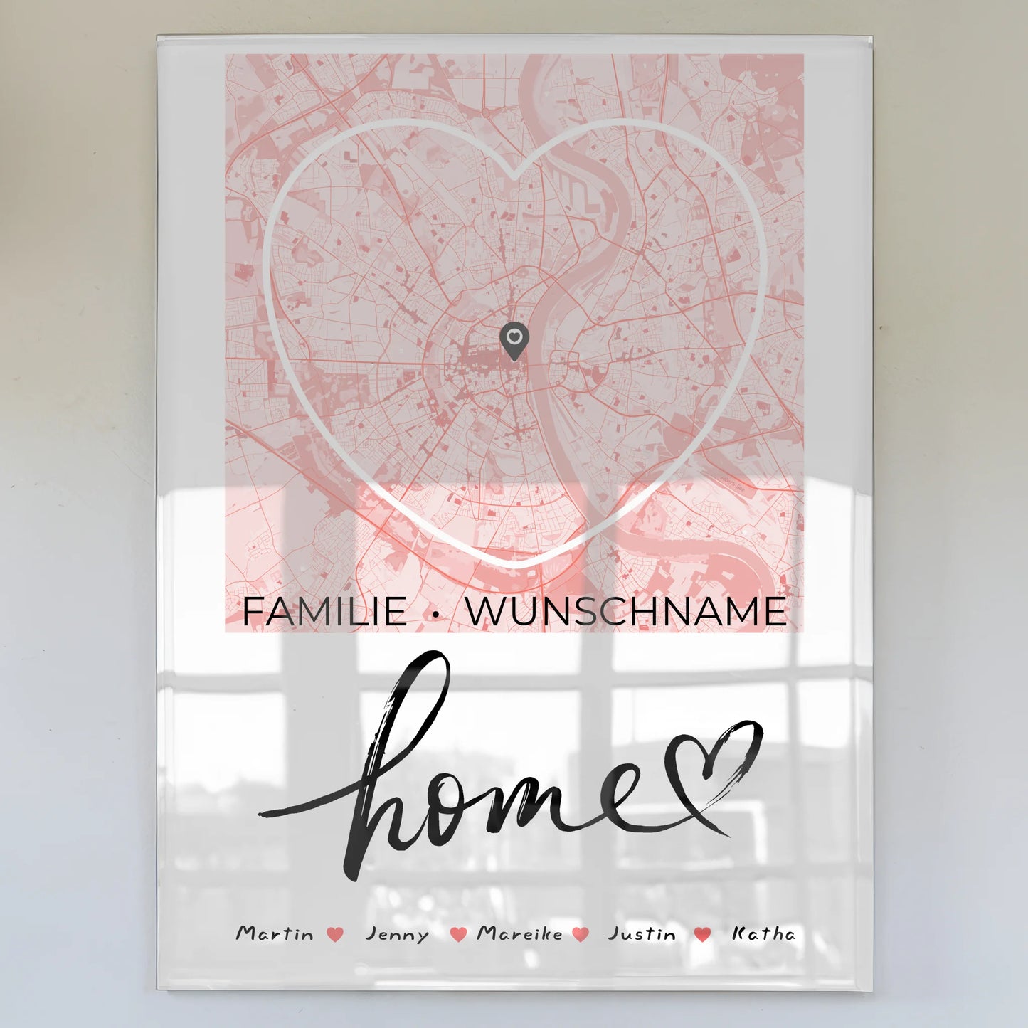 Personalisiertes Acrylglas Bild Familie mit Stadtkarte in Herzform Home