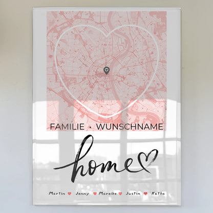Personalisiertes Acrylglas Bild Familie mit Stadtkarte in Herzform Home