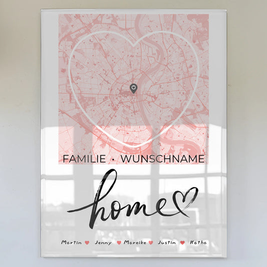 Personalisiertes Acrylglas Bild Familie mit Stadtkarte in Herzform Home