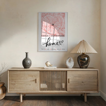 Personalisiertes Acrylglas Bild Familie mit Stadtkarte in Herzform Home