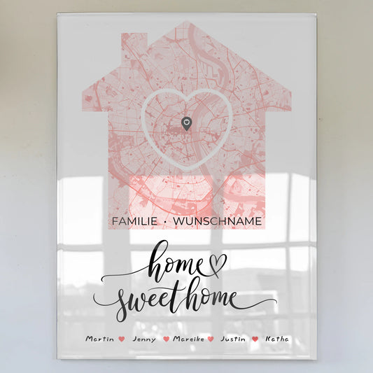 Familien Acrylglas Bild personalisiert Stadtkarte Home Sweet Home Herz Haus mit Nachname