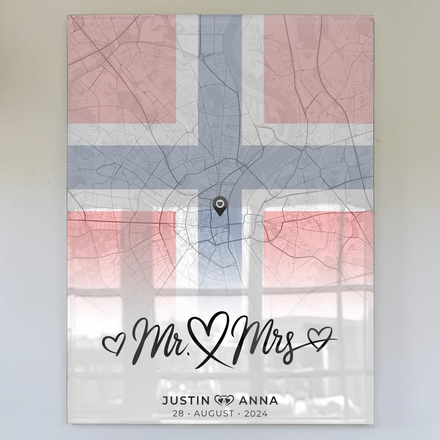 Personalisiertes Acrylglas Bild mit Stadtkarten für Paare Urlaub Norwegen Mr & Mrs