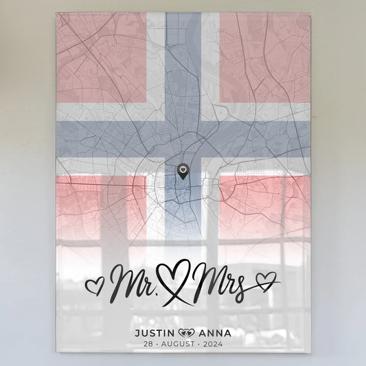 Personalisiertes Acrylglas Bild mit Stadtkarten für Paare Urlaub Norwegen Mr & Mrs