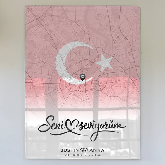 Personalisiertes Acrylglas Bild Stadtkarten Paare Seni Seviyorum Türkisch