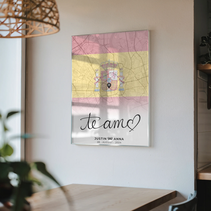 Personalisiertes Stadtkarten als Acrylglas Bild für Paare Te Amo Urlaub Spanien