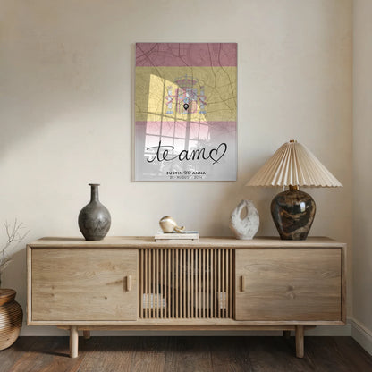 Personalisiertes Stadtkarten als Acrylglas Bild für Paare Te Amo Urlaub Spanien