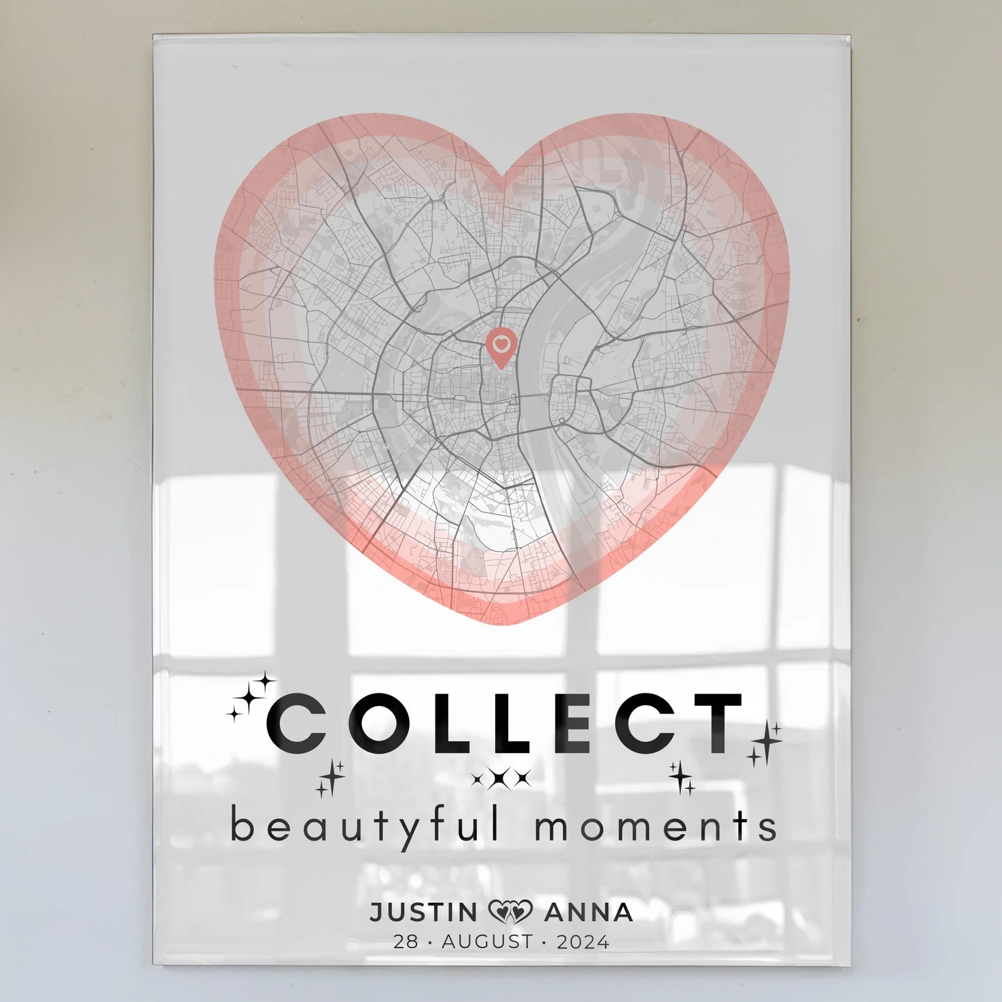 Personalisiertes Stadtkarten Acrylglas Bild Paare Herz Roserot