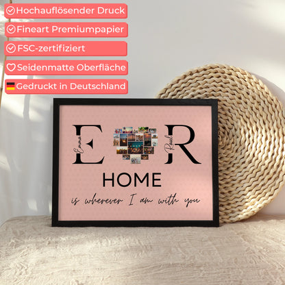Personalisiertes Poster Paare Mit Namen Initialien und Fotos Home Is Wherever I Am With You