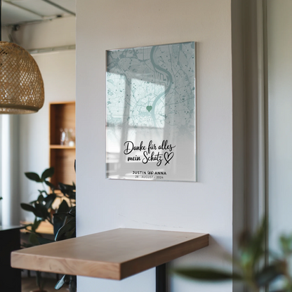Personalisiertes Acrylglas Bild Stadtkarten Paare Mintgrün Danke Für Alles Mein Schatz