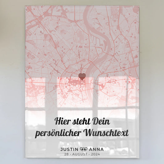 Personalisiertes Acrylglas Bild Städtekarten Rosarot Paare Herzen