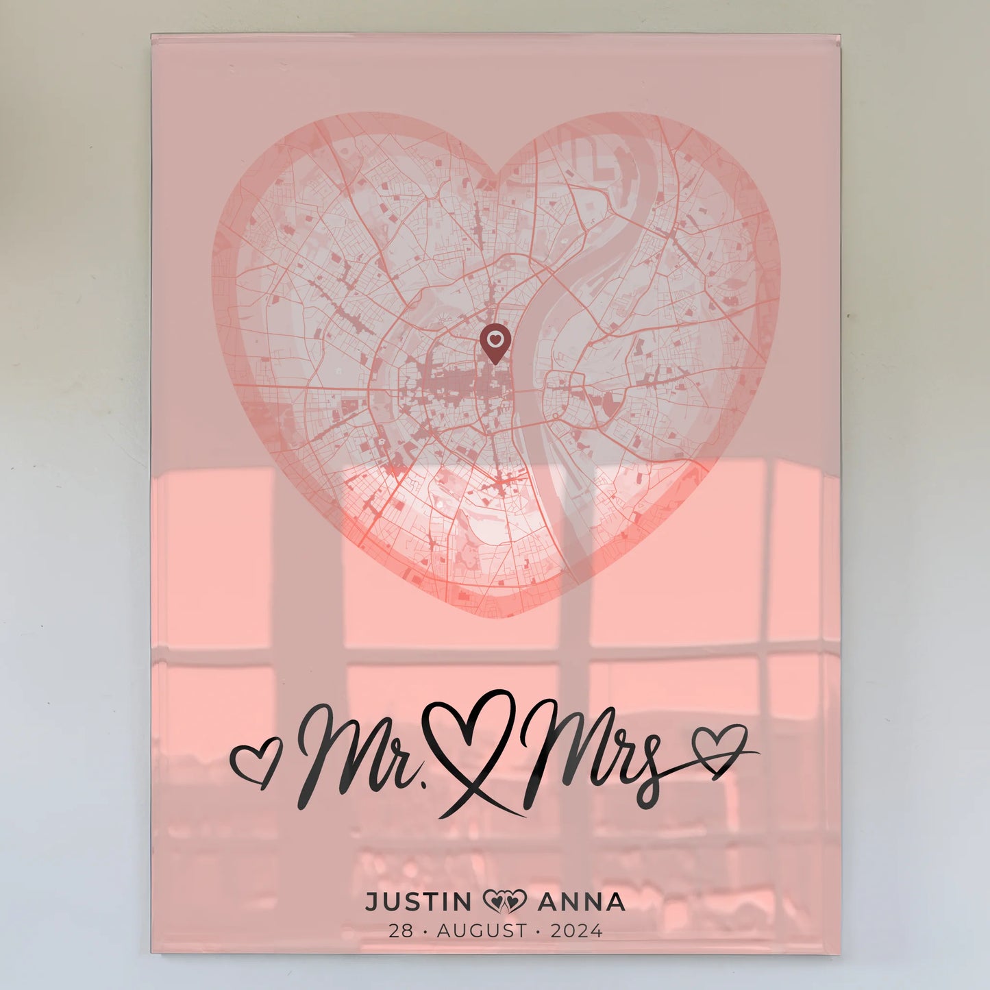Personalisiertes Acrylglas Bild Städtekarten Paare Herz Altrosa Mr & Mrs