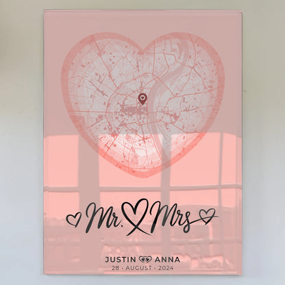 Personalisiertes Acrylglas Bild Städtekarten Paare Herz Altrosa Mr & Mrs