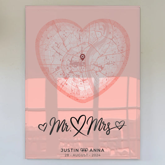 Personalisiertes Acrylglas Bild Städtekarten Paare Herz Altrosa Mr & Mrs