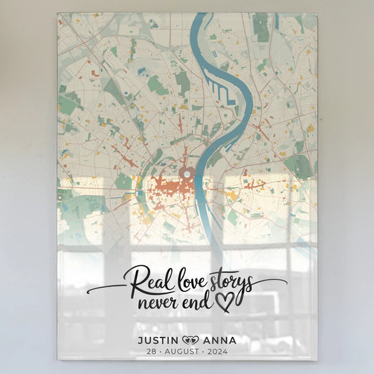 Personalisiertes Acrylglas Bild Stadtkarten für Paare Real Love Storys Never End